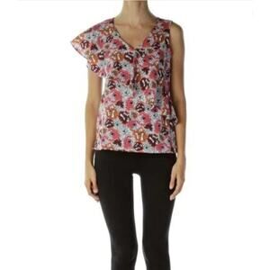 Banana Republic Red Floral Asymmetrical Ruffle V-Neck Sleeveless Colorful Top XS